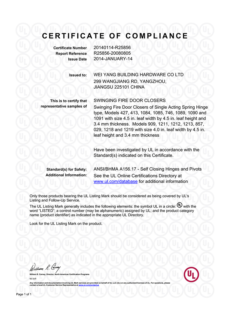 UL Certificate of Compliance — Fire Door Spring Hinge