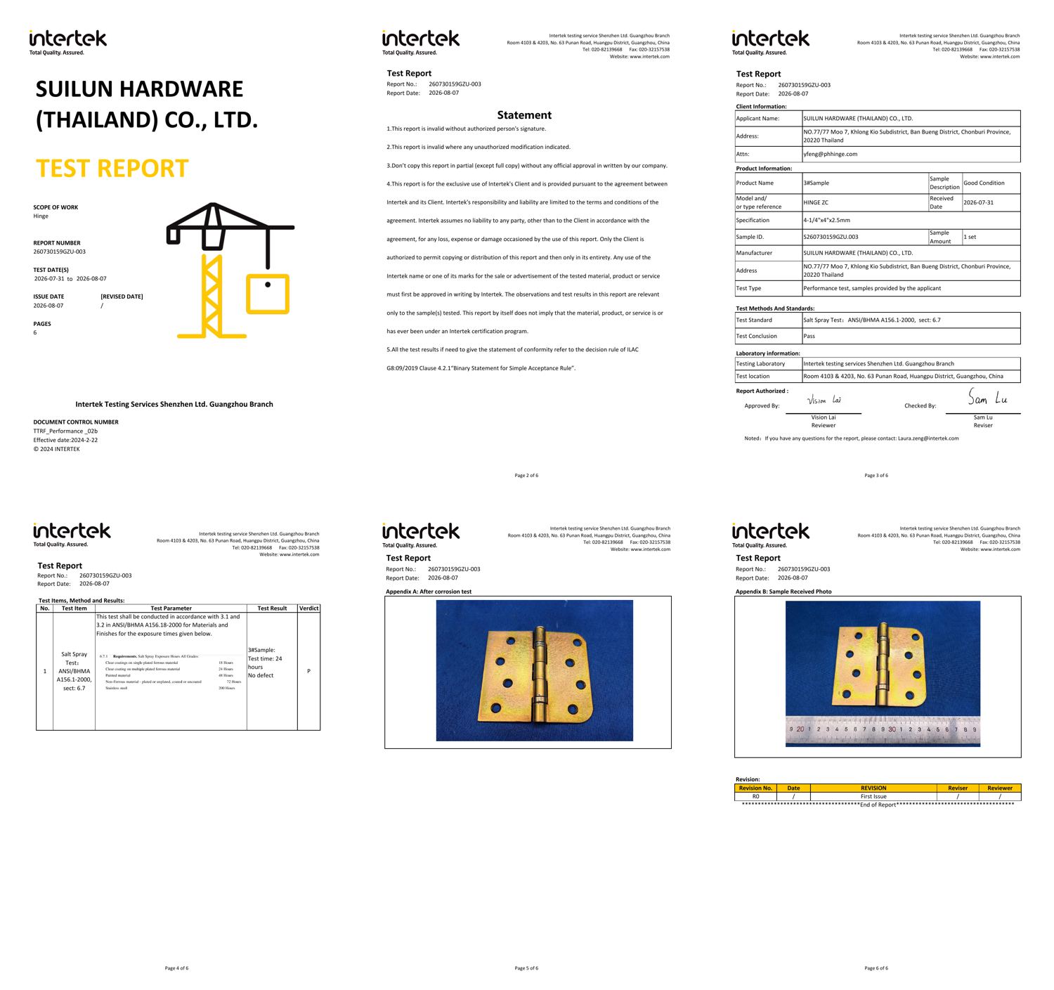 Intertek Salt-Spray Test Report (full PDF) — HINGE ZC 4-1/4x4x2.5mm, PASS